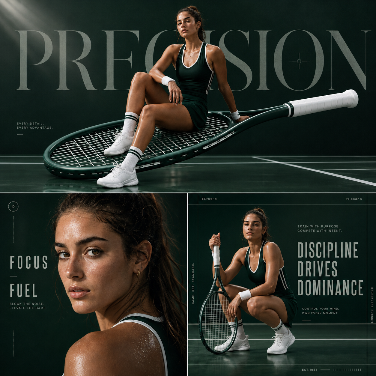 Luxury green tennis fashion collage with a female athlete, oversized tennis racket, bold precision typography, and cinematic sports editorial panels.