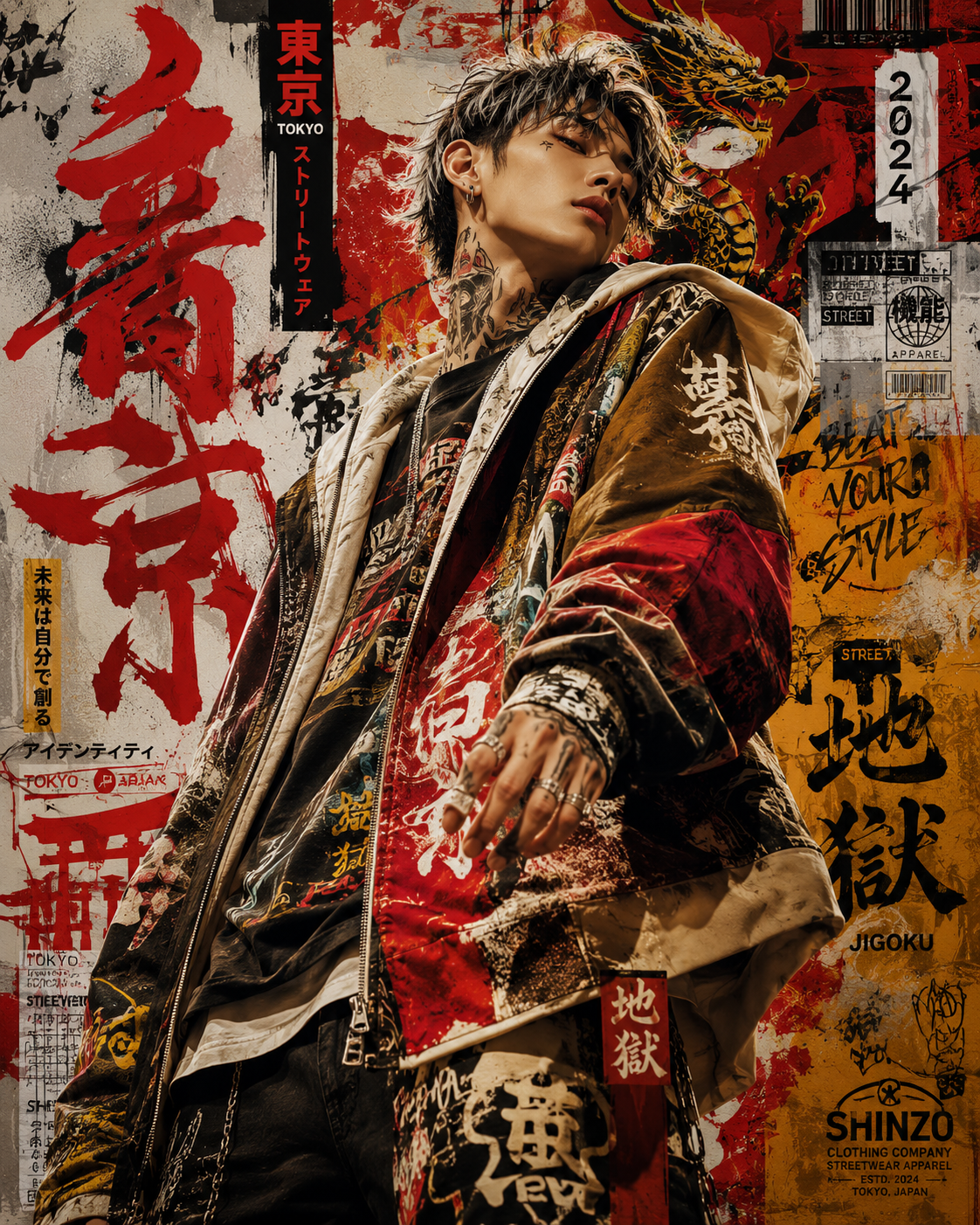 Japanese graffiti-inspired streetwear fashion portrait poster featuring a stylish model, bold calligraphy, spray paint textures, urban stickers, neon brush strokes, and cinematic editorial lighting.