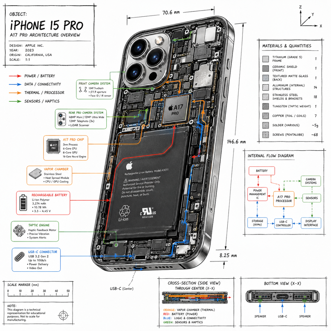Technical isometric infographic of an iPhone with transparent internal components, engineering annotations, measurement guides, and color-coded functional flow diagrams.
