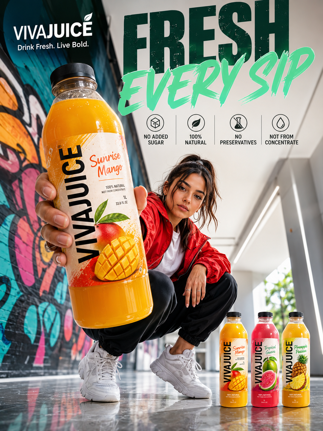 A modern VIVAJUICE fruit juice advertisement poster featuring a crouching streetwear model holding a giant mango juice bottle in an urban hallway with graffiti, bold typography, feature badges, and smaller bottle variants.