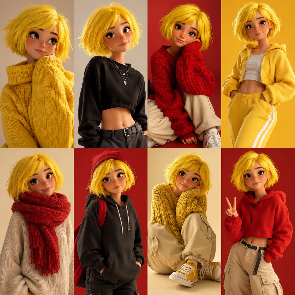 Pixar-style neon yellow bobbed girl 3D fashion collage illustration, featuring 8 different outfits and cute poses.