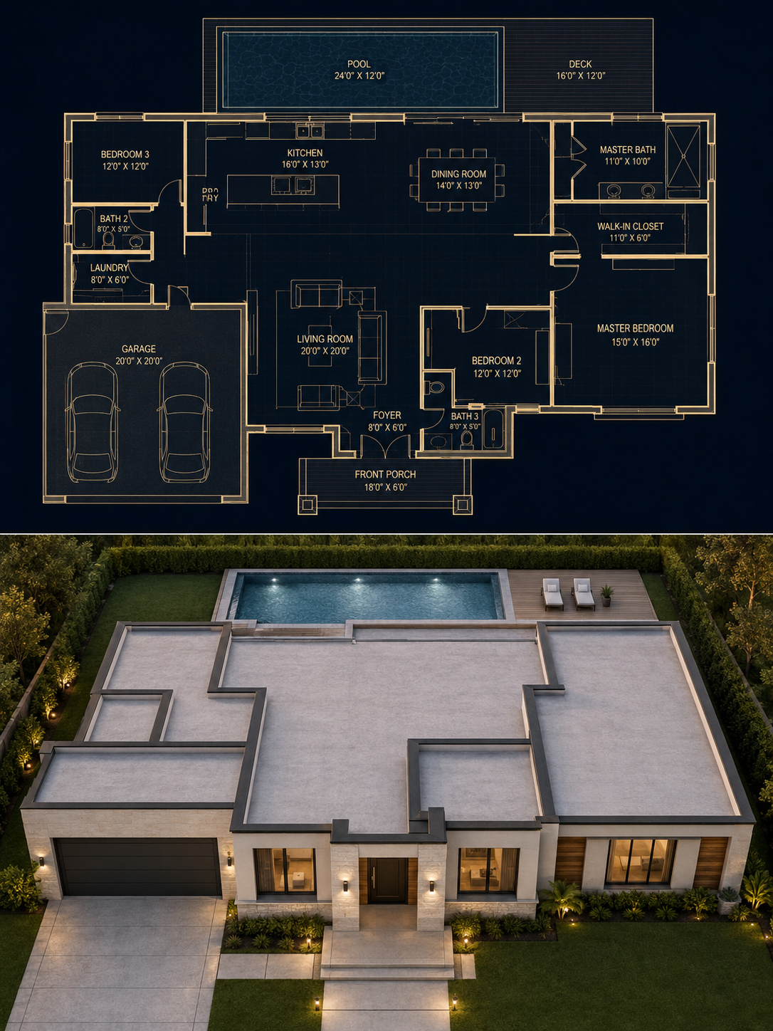 Split architectural visualization featuring a glowing modern house blueprint above and a matching photorealistic single-story luxury home render below.