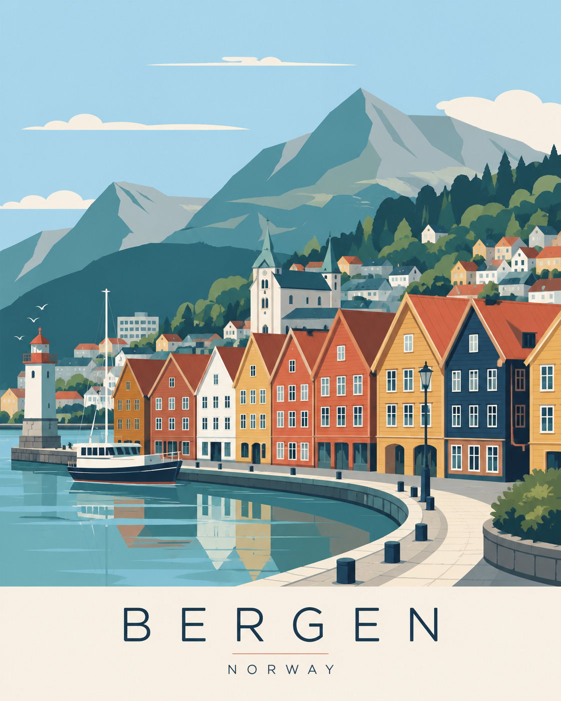 Minimalist Scandinavian travel poster of Bergen, Norway featuring colorful Nordic harbor houses, fjord waterfront, lighthouse, and mountain landscape in a clean flat vector style.