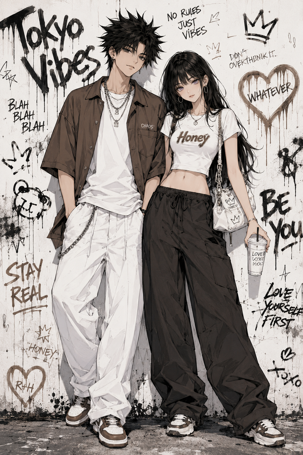 Anime-style streetwear couple standing in front of a graffiti wall with urban doodles and Tokyo-inspired fashion styling.