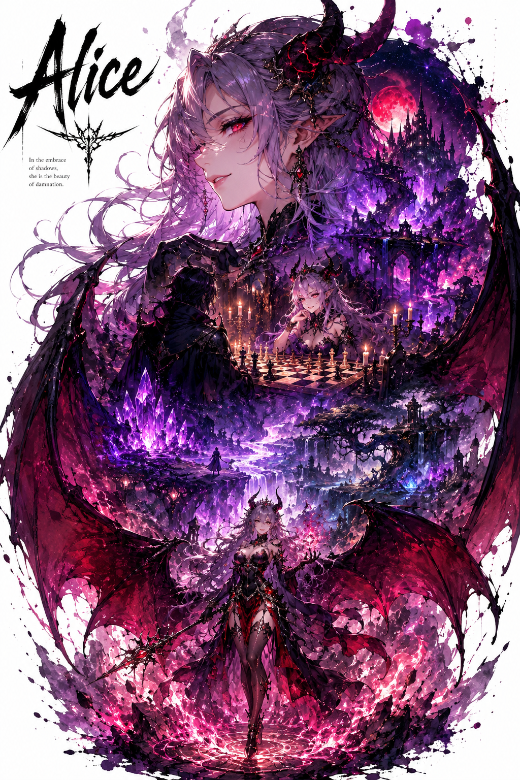 Dark fantasy anime poster of the demon queen Alice with glowing crimson eyes, silver-lilac hair, giant wings, and layered fantasy landscapes in a watercolor ink-splash style.