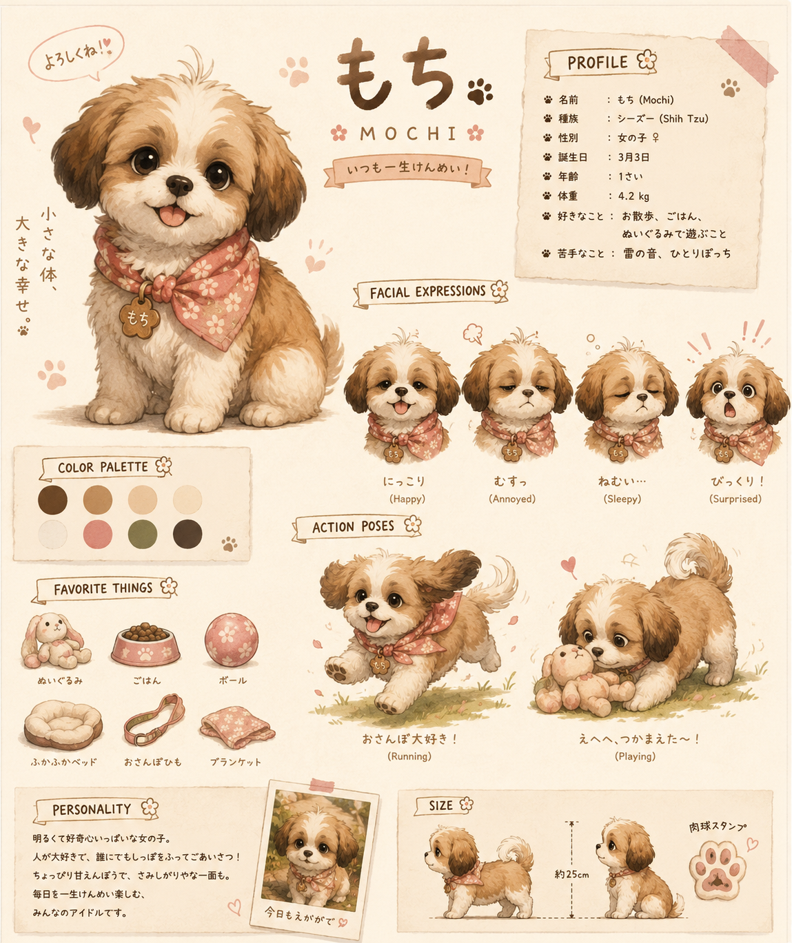 Cute kawaii-style character reference sheet featuring soft pastel illustrations, facial expressions, action poses, and personality profile.