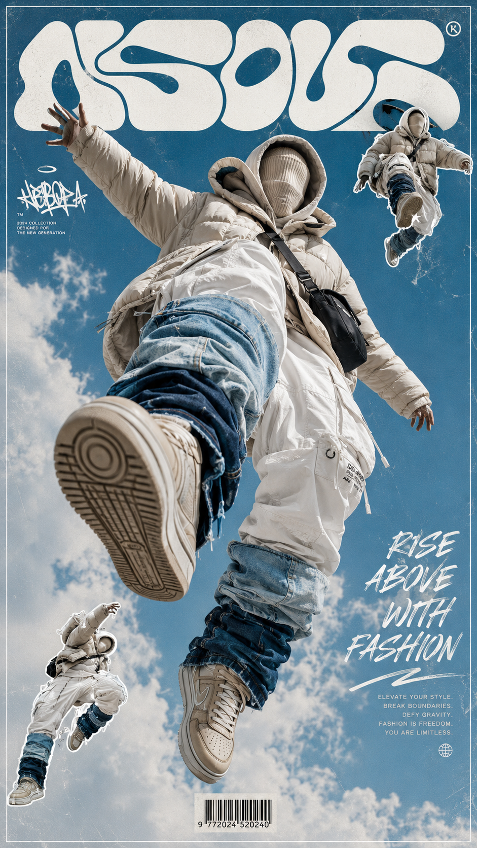 A futuristic streetwear fashion poster showing a faceless model in an oversized beige puffer jacket leaping through a blue sky, with Y2K typography, collage silhouettes, and editorial graphic design elements.
