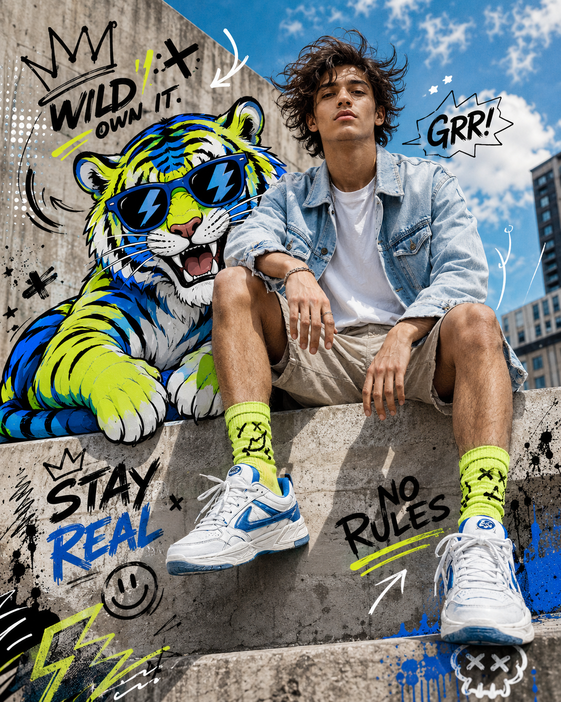 Fashion editorial portrait of a streetwear model sitting beside a neon cartoon tiger with graffiti-style graphic overlays.