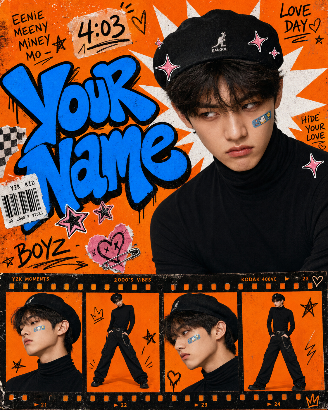 Y2K pop-street fashion collage poster with a young person in black streetwear, blue graffiti text, orange background, stickers, doodles, and bottom filmstrip panels.