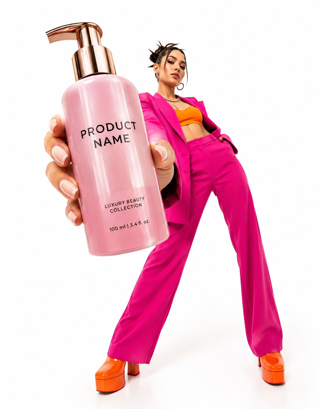 A confident fashion model in a colorful outfit holds a large glossy beauty product close to the camera against a clean white studio background.