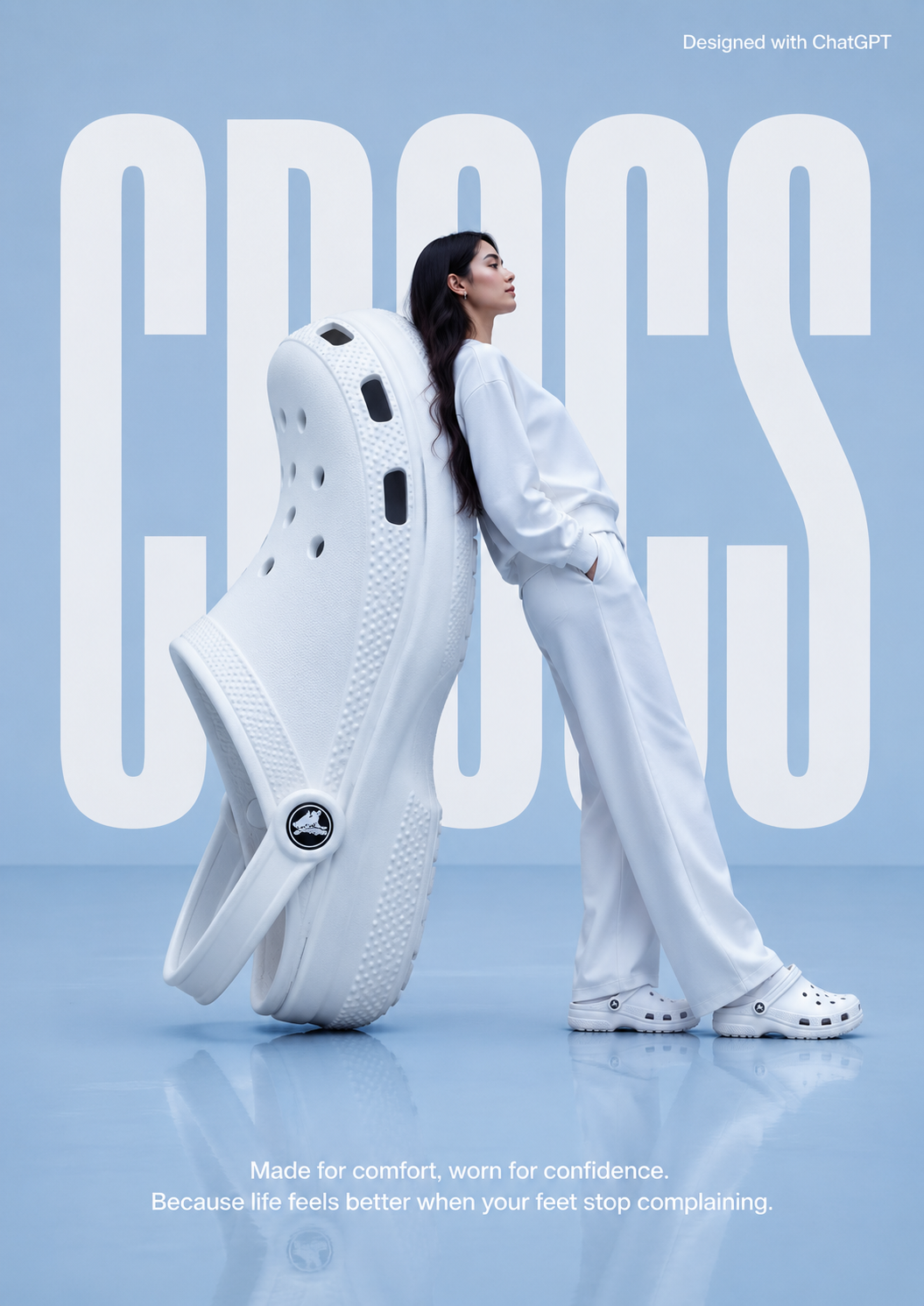 A surreal fashion advertising poster showing a model in white clothing leaning against a giant white Crocs clog in a light-blue studio.